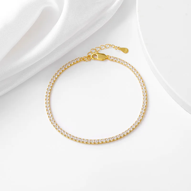 Geometric 925 sterling silver bracelet with zircon inlay, white gold colour, 3mm stone size