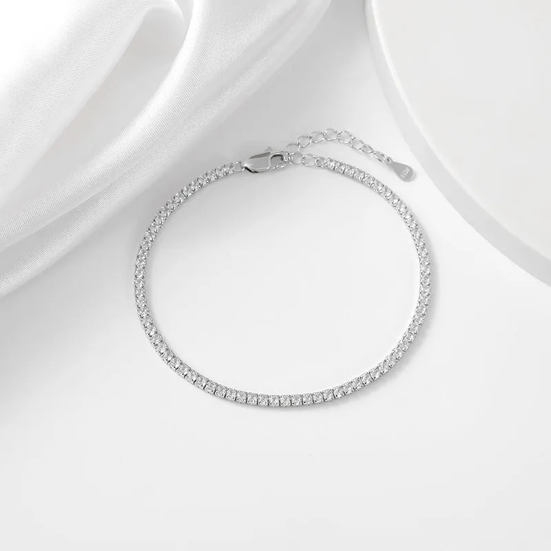 Geometric 925 sterling silver bracelet with zircon inlay, white gold colour, 3mm stone size