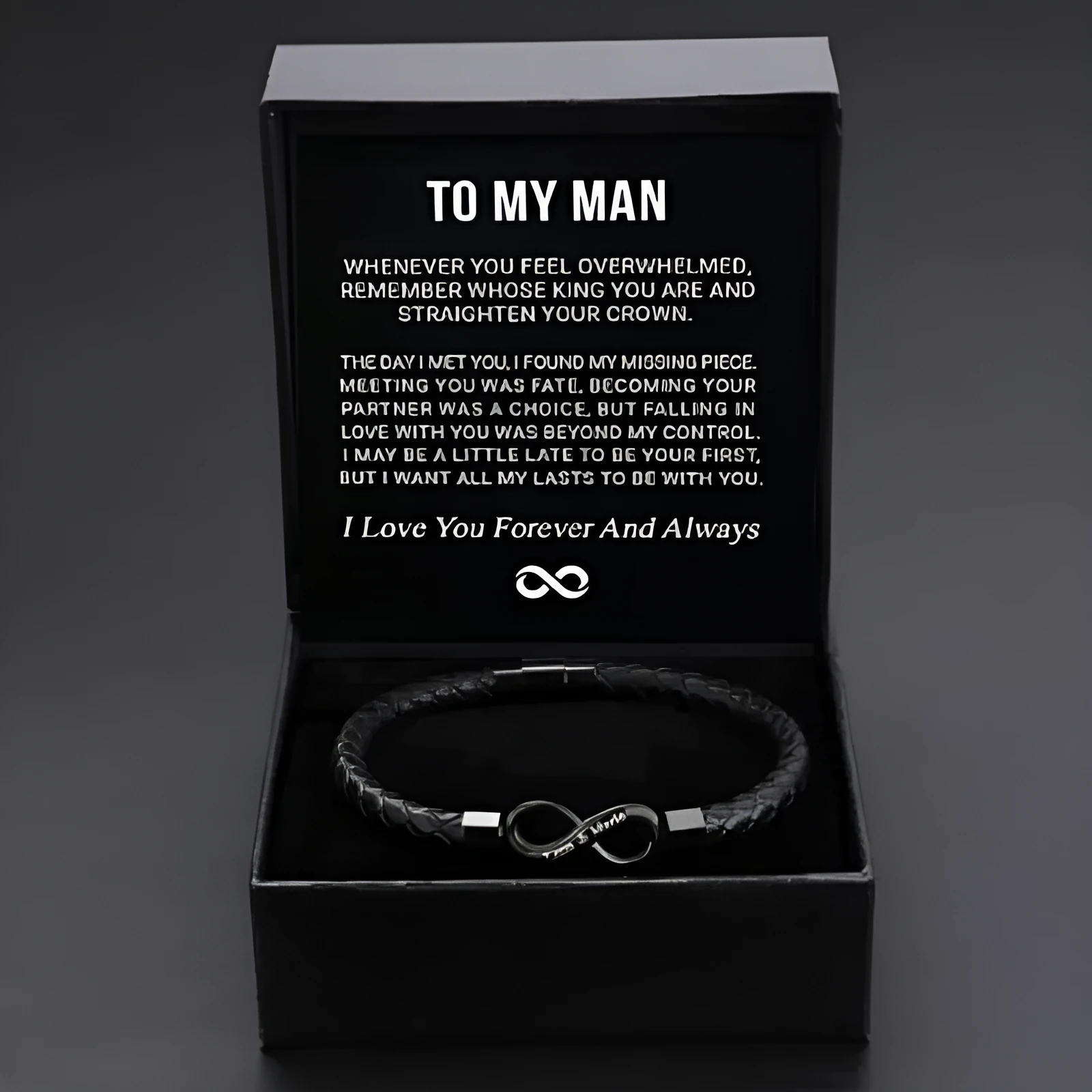 Men's retro stainless steel and handmade leather bracelet in black with engraved card gift box