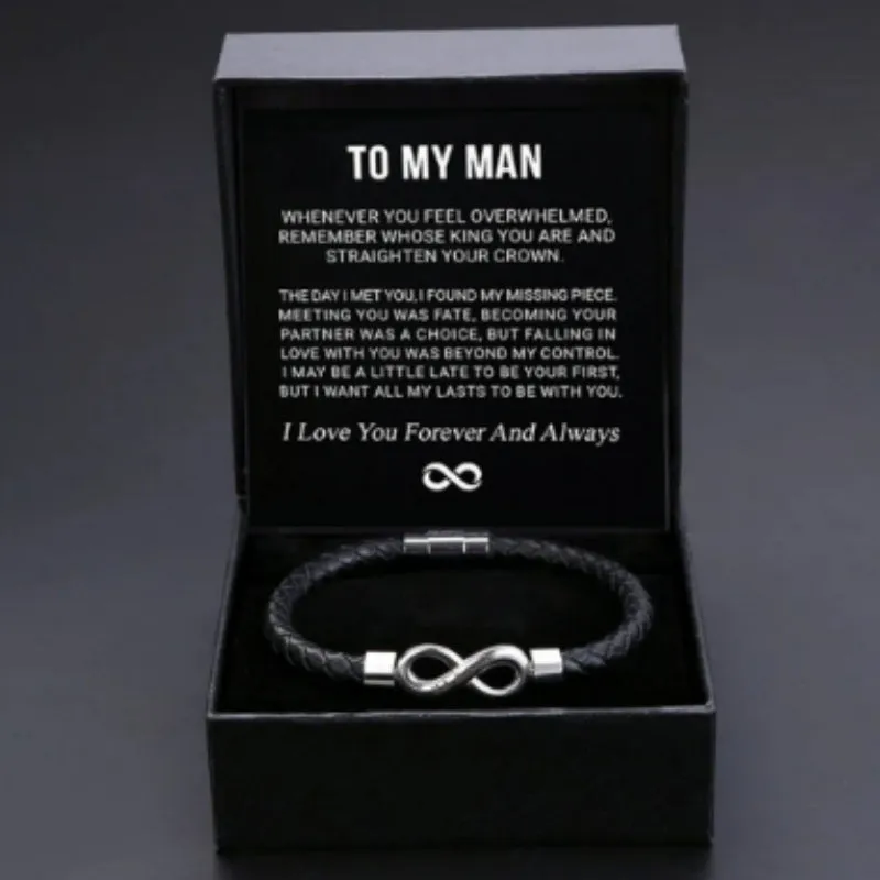 Men's retro stainless steel and handmade leather bracelet in black with engraved card gift box