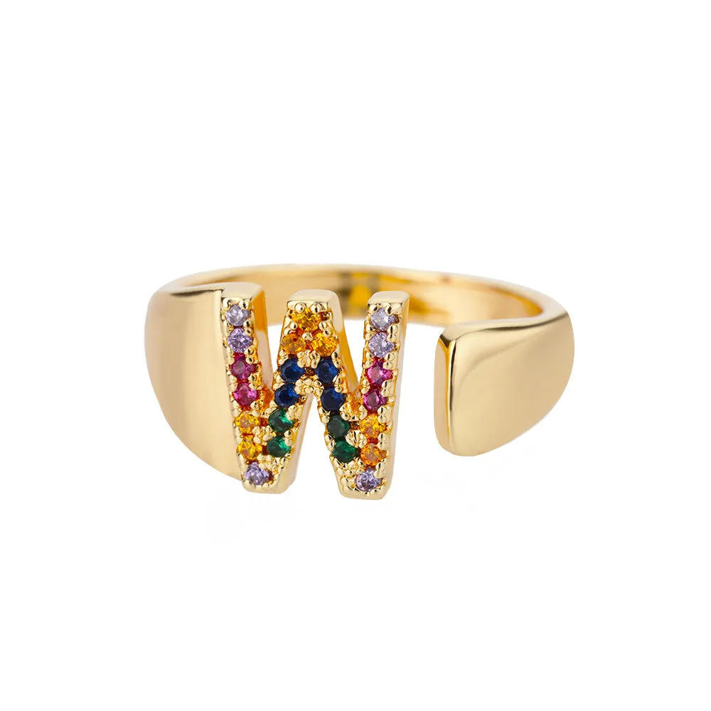 Fashion micro-set colored zirconium adjustable open ring showing letter A on a copper electroplated base