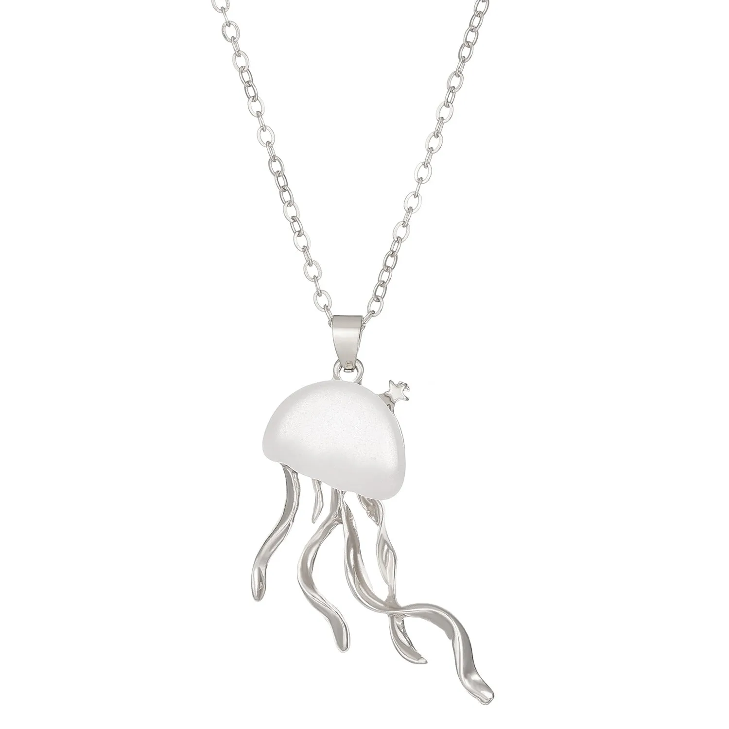 Alloy jellyfish tassel necklace and earring set in electroplated white finish on display