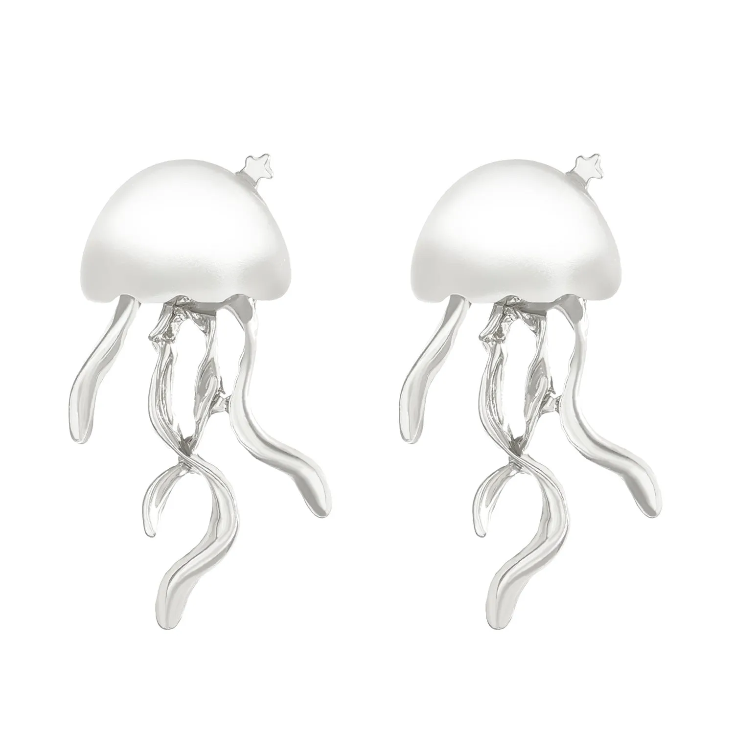 Alloy jellyfish tassel necklace and earring set in electroplated white finish on display
