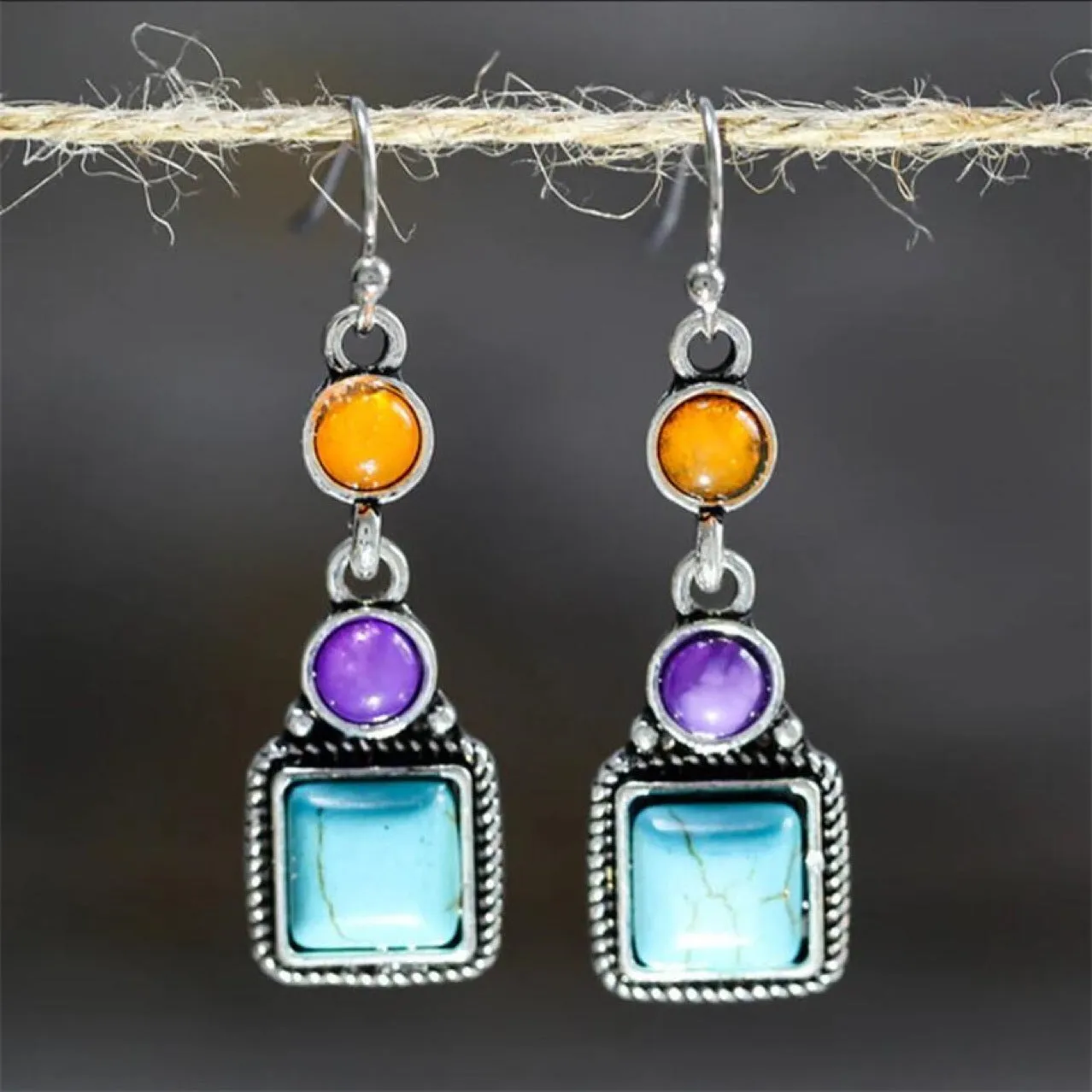 Ethnic style ancient silver alloy geometric round earrings for women