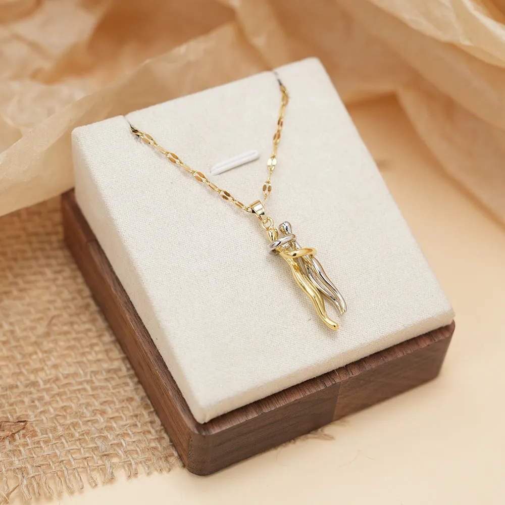 Couple hugging bronze pendant necklace on unisex stainless steel chain with gold lip chain finish, casual style