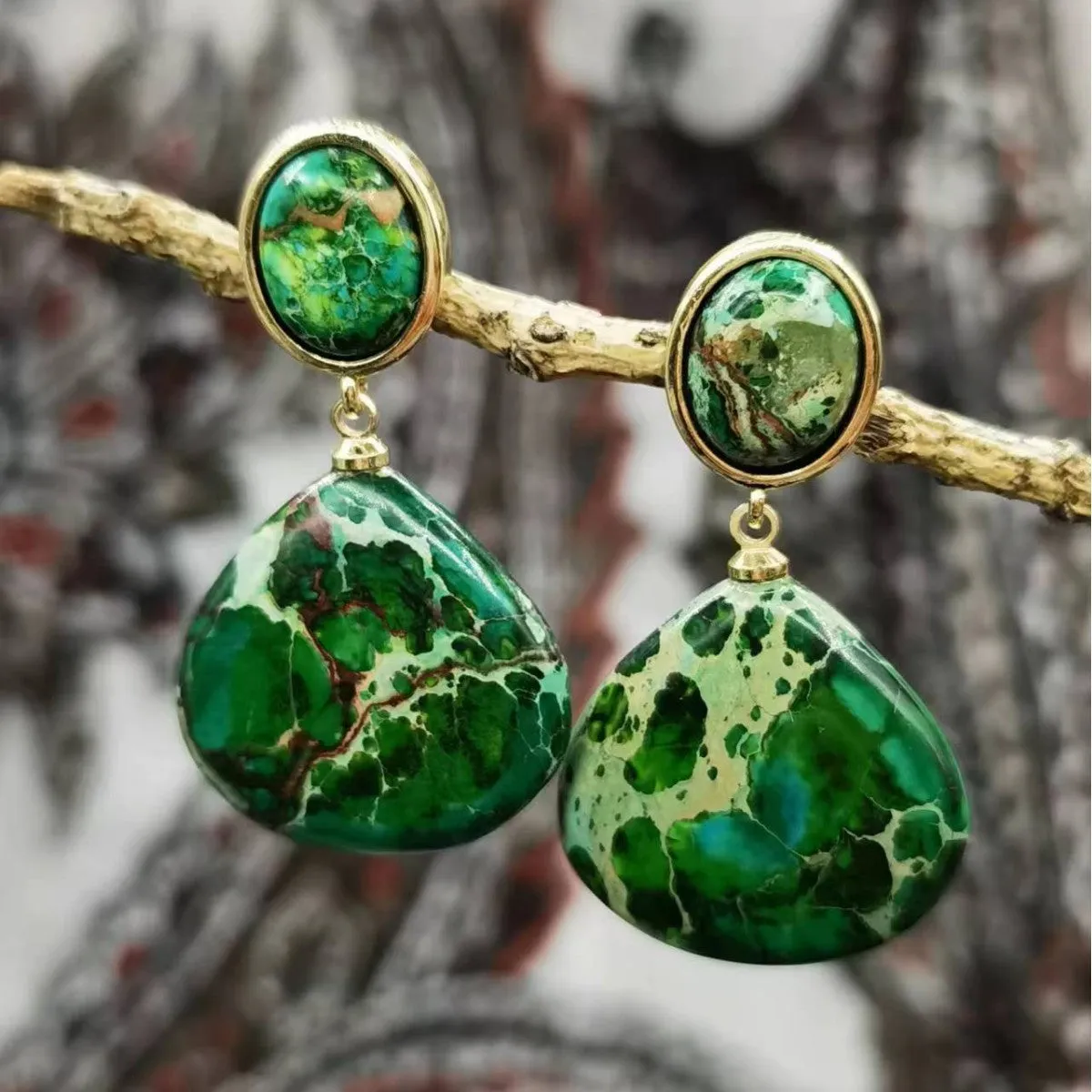 Natural emperor stone drop-shaped earrings ancient style colour option A