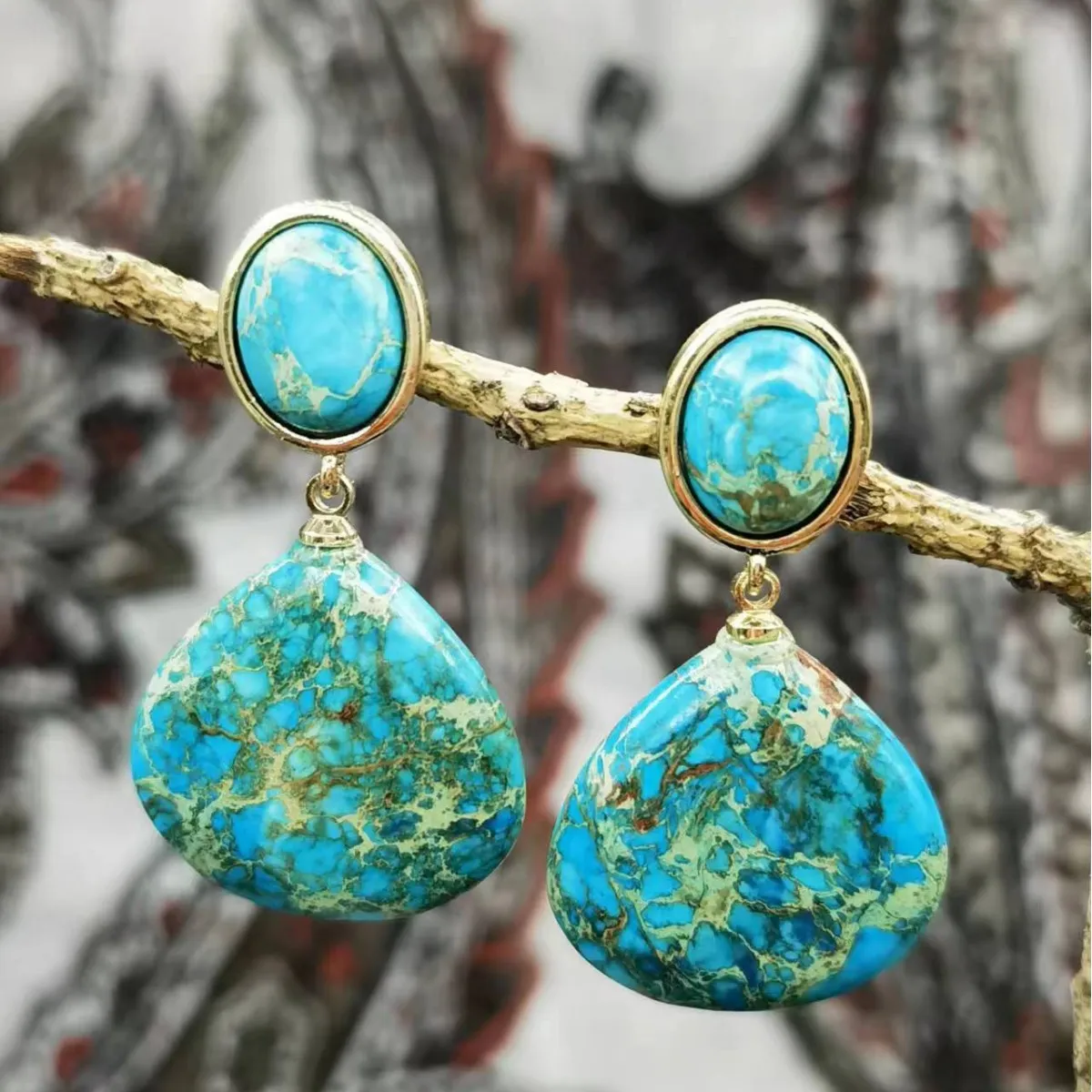Natural emperor stone drop-shaped earrings ancient style colour option A