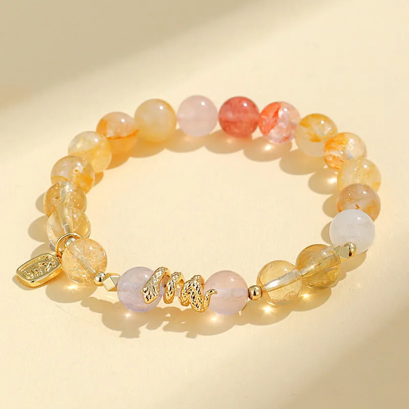 Women's lucky snake crystal bead bracelet with plastic flower decorations and beast pattern detailing
