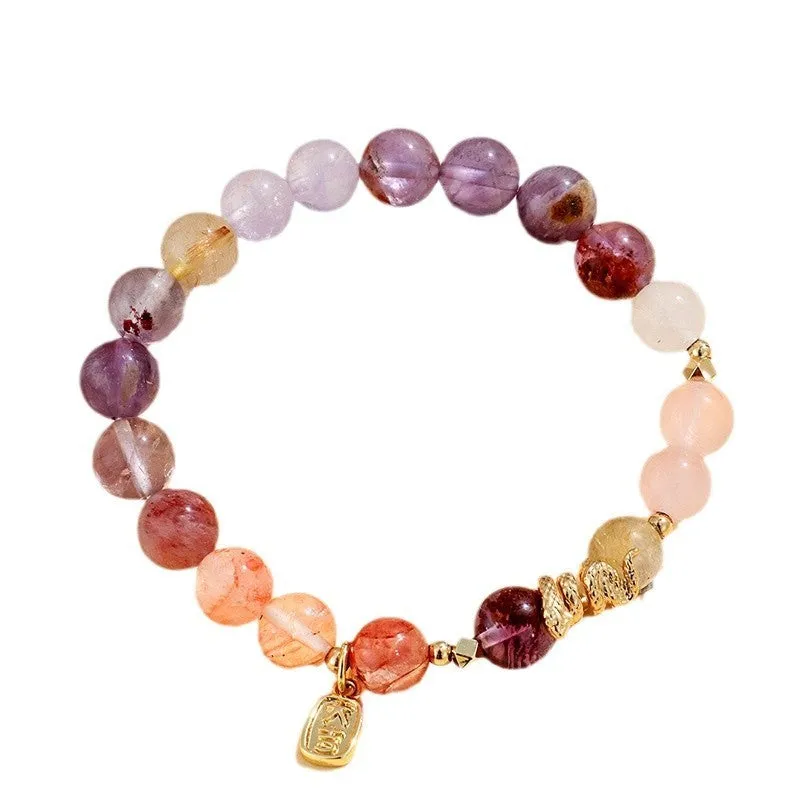 Women's lucky snake crystal bead bracelet with plastic flower decorations and beast pattern detailing