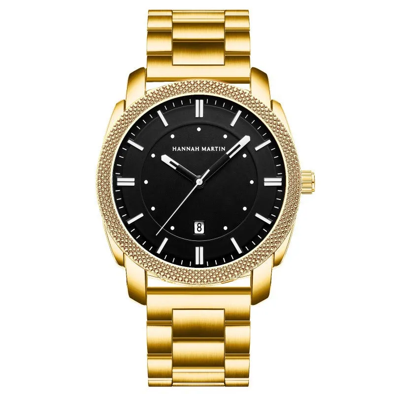 Men's stainless steel waterproof quartz watch with 40mm circular dial and mineral glass on white background