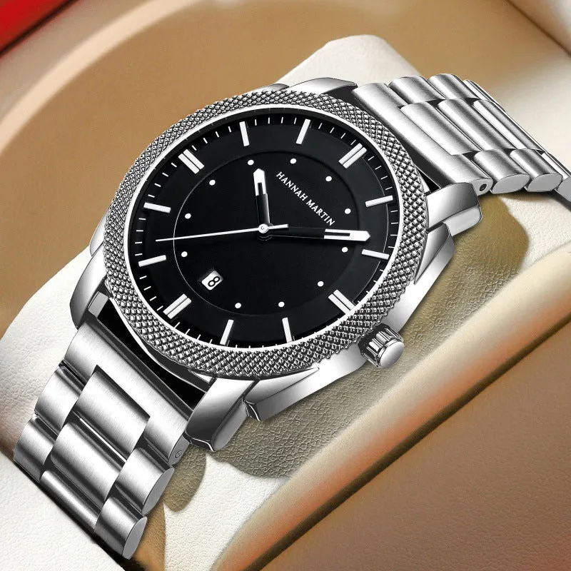 Men's stainless steel waterproof quartz watch with 40mm circular dial and mineral glass on white background