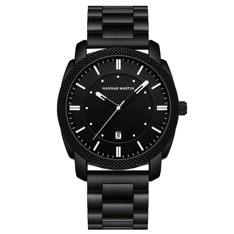 Men's stainless steel waterproof quartz watch with 40mm circular dial and mineral glass on white background