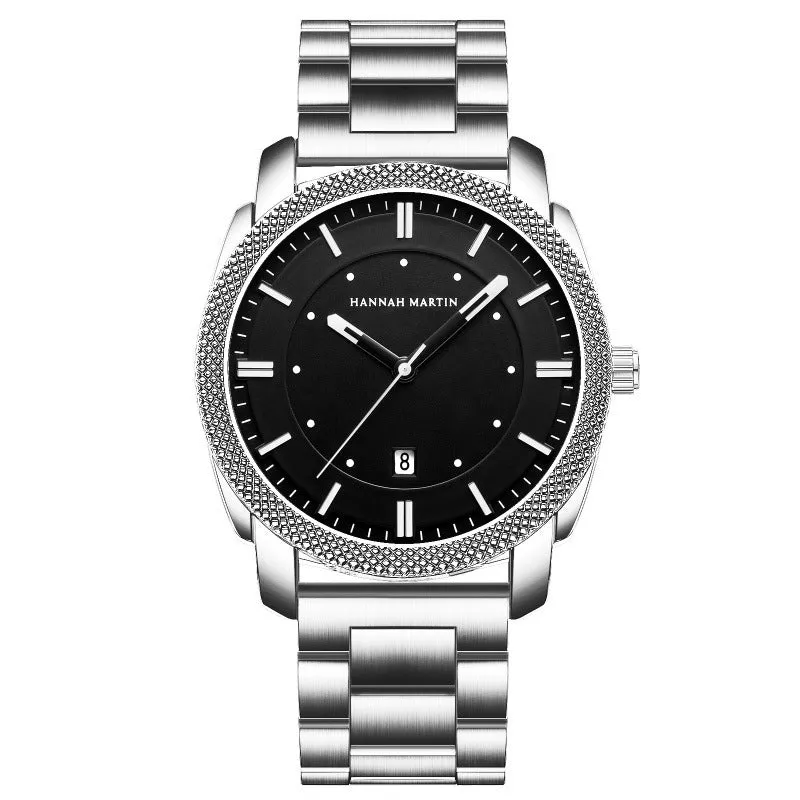 Men's stainless steel waterproof quartz watch with 40mm circular dial and mineral glass on white background