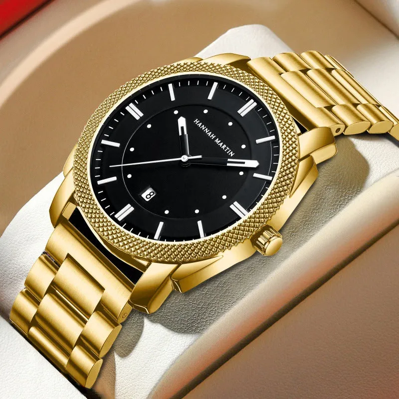 Men's stainless steel waterproof quartz watch with 40mm circular dial and mineral glass on white background