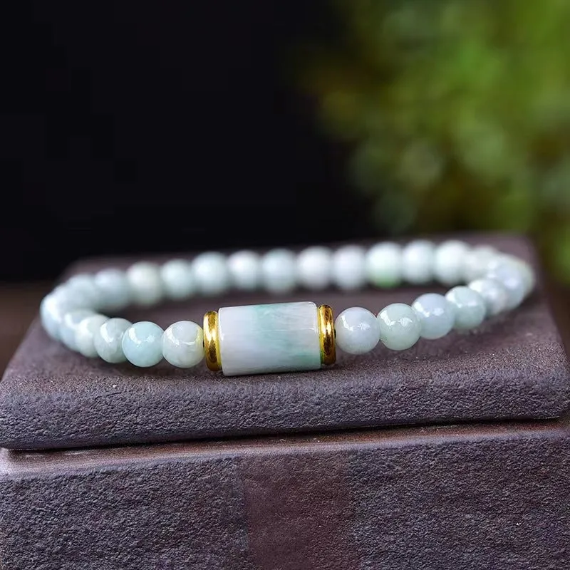 Natural Myanmar jade round ice stone bracelet in emerald green with geometric ethnic style design
