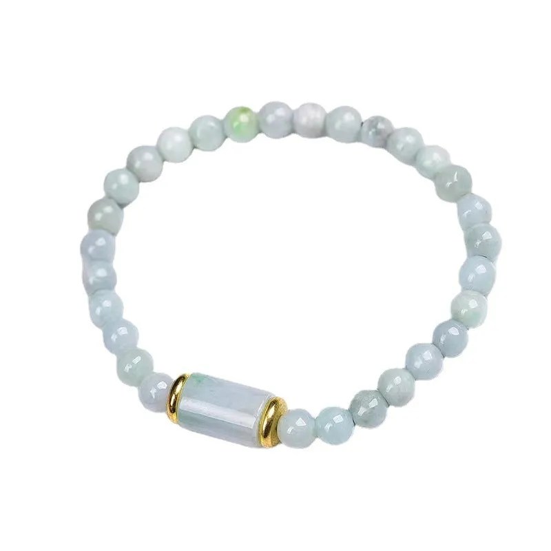 Natural Myanmar jade round ice stone bracelet in emerald green with geometric ethnic style design