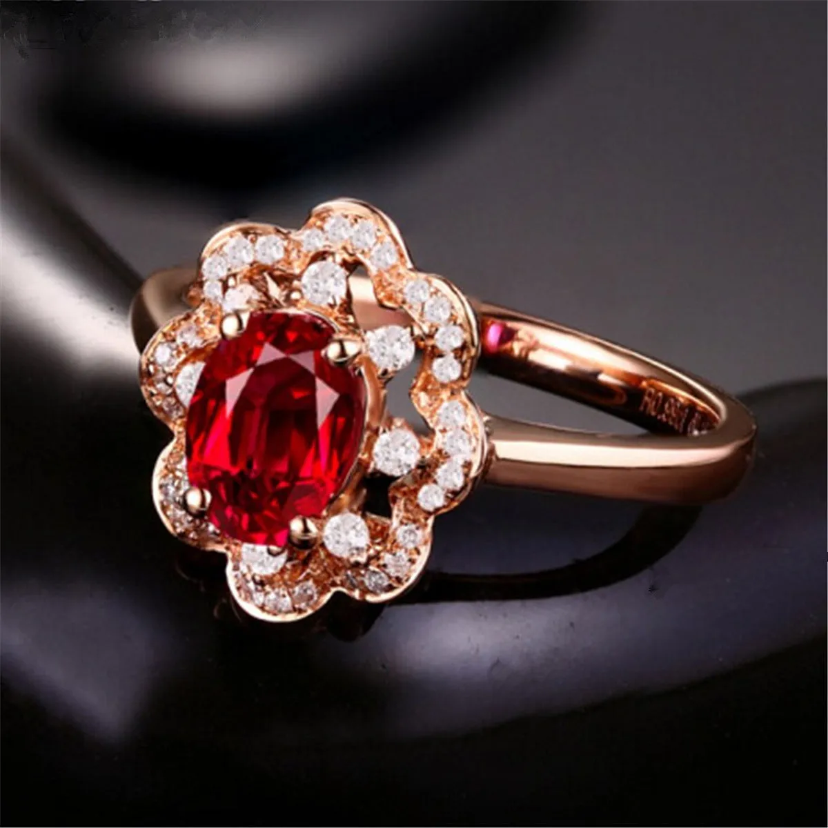 High-end ruby ring with rose gold and silver-toned band, available in sizes 6 to 9