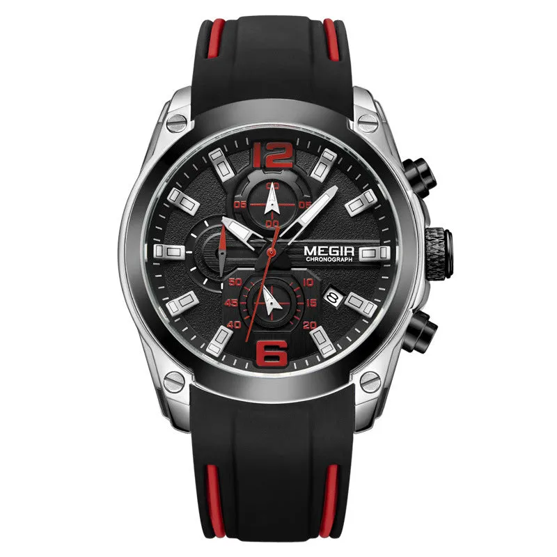 Multifunctional quartz sports watch with 46mm dial, silicone strap, and alloy case in black