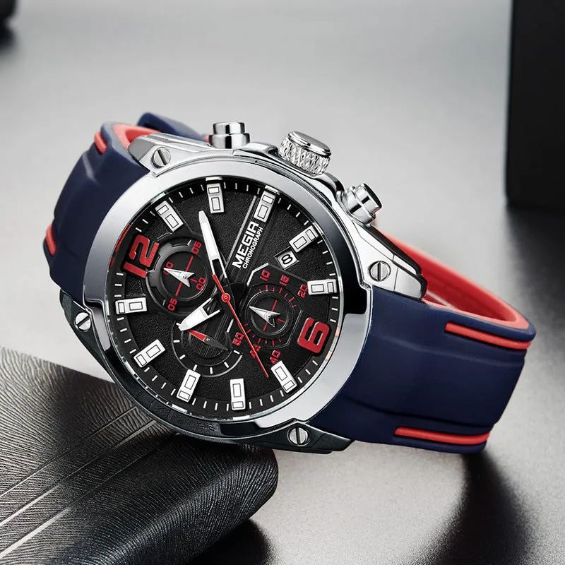 Multifunctional quartz sports watch with 46mm dial, silicone strap, and alloy case in black