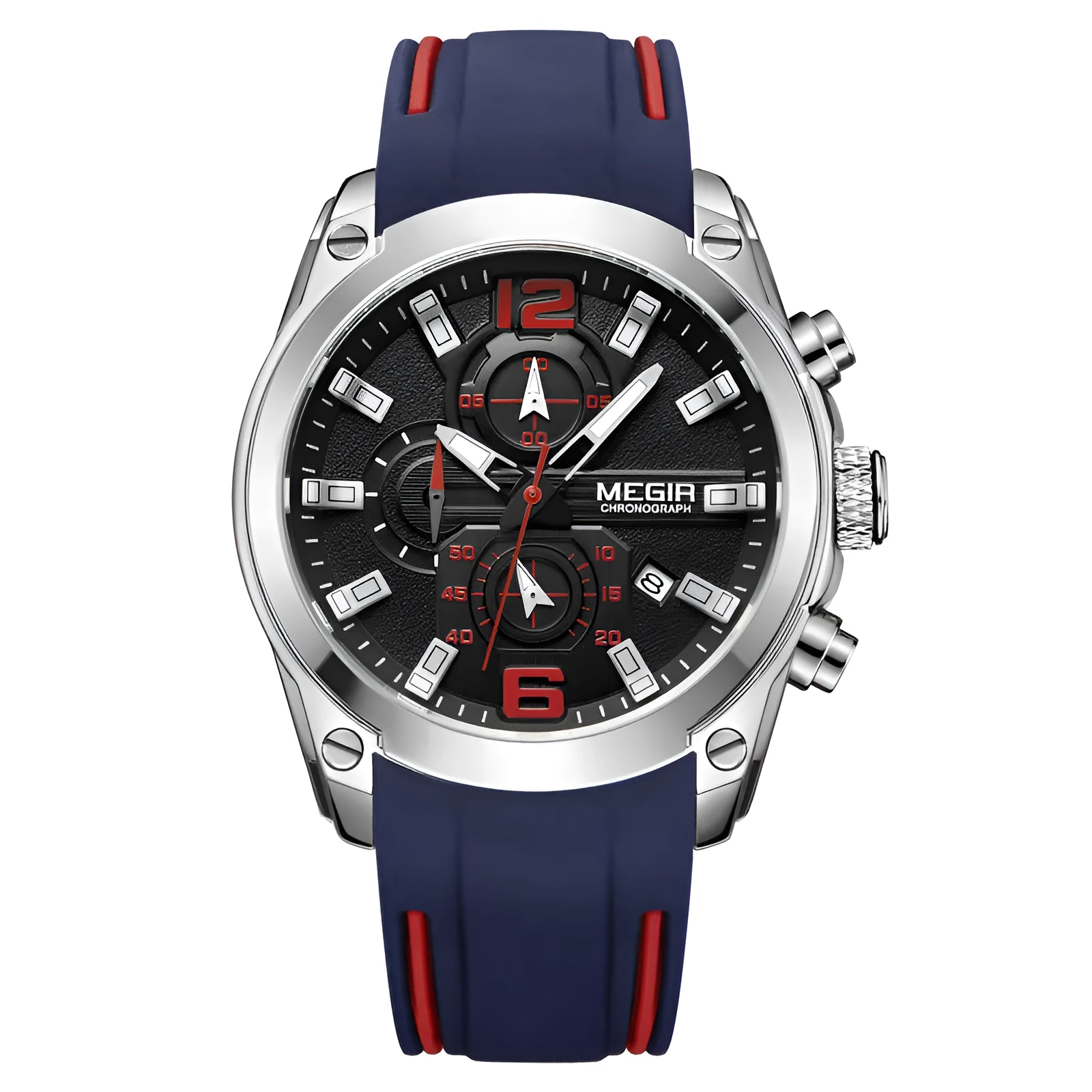 Multifunctional quartz sports watch with 46mm dial, silicone strap, and alloy case in black
