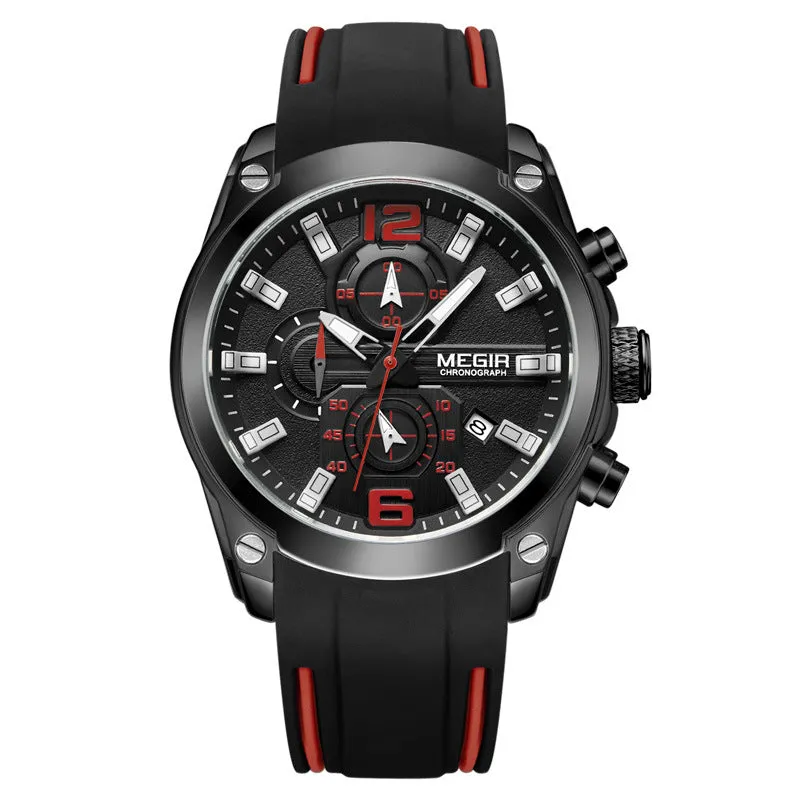 Multifunctional quartz sports watch with 46mm dial, silicone strap, and alloy case in black