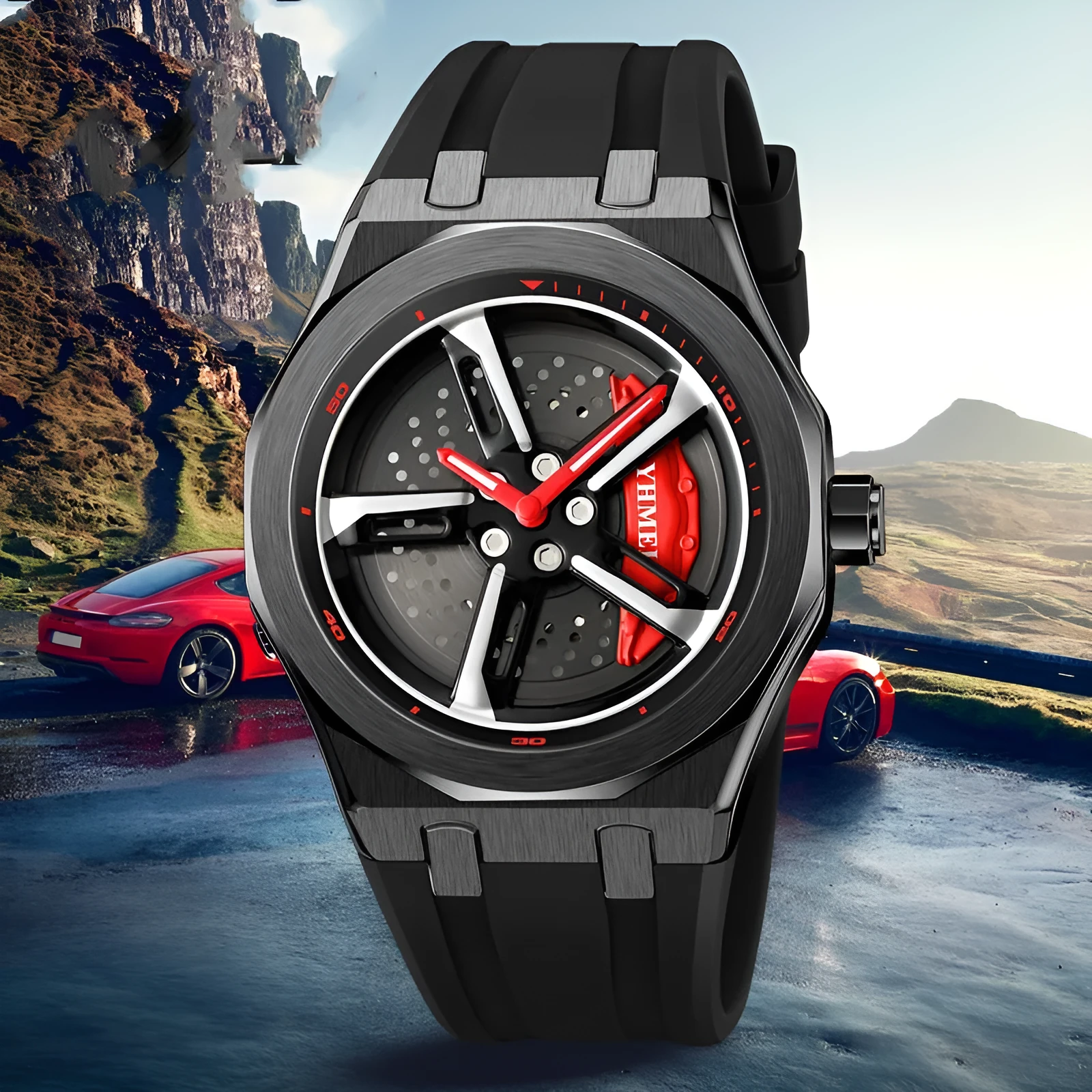 Fashion Trend men's hollow quartz watch with green silicone strap and zinc alloy case on white background