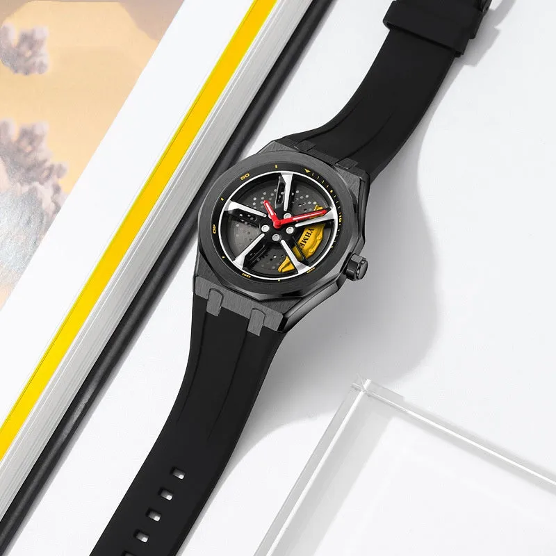 Fashion Trend men's hollow quartz watch with green silicone strap and zinc alloy case on white background