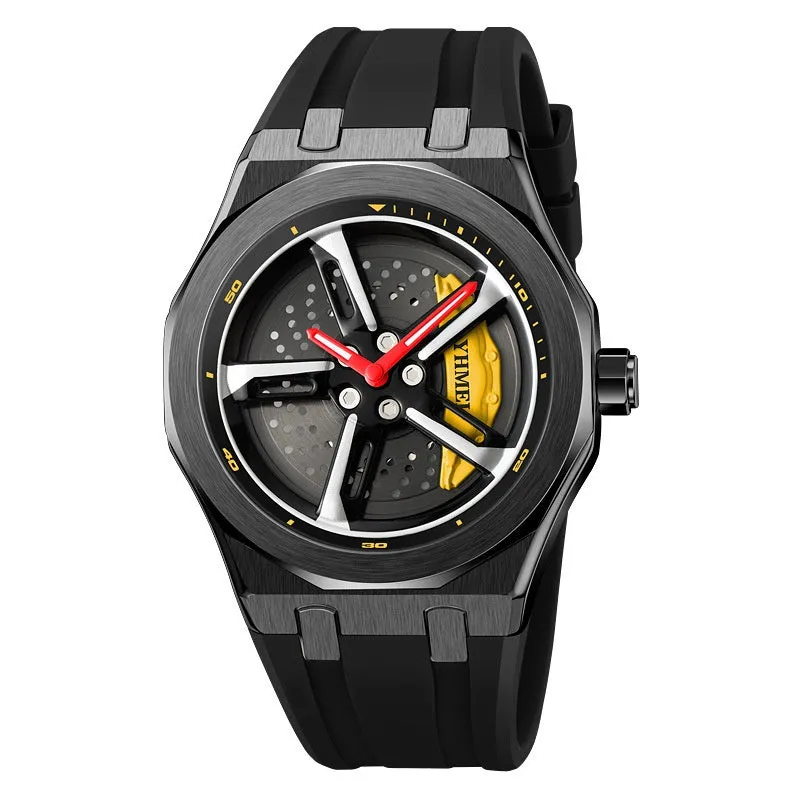 Fashion Trend men's hollow quartz watch with green silicone strap and zinc alloy case on white background
