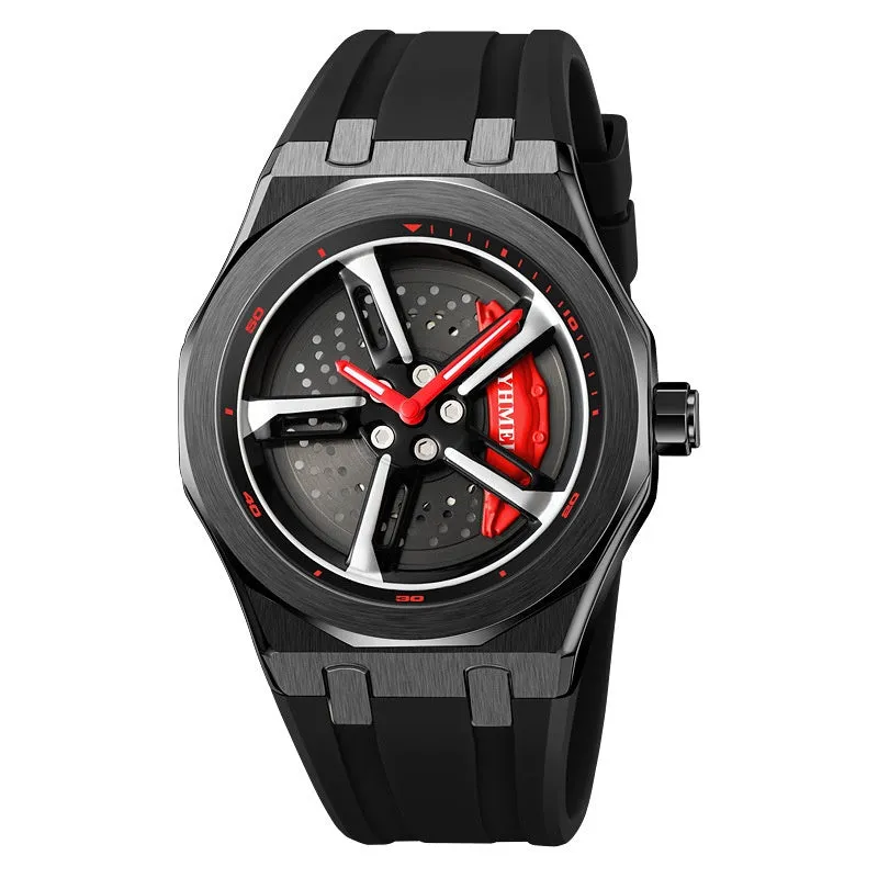 Fashion Trend men's hollow quartz watch with green silicone strap and zinc alloy case on white background