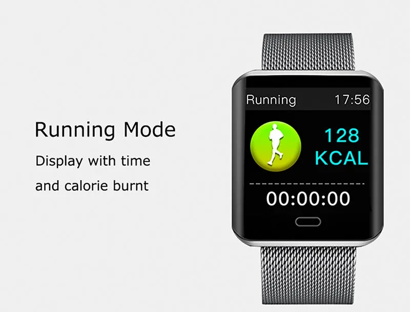 B8 smart bracelet in black alloy case with silicone band showing LED display