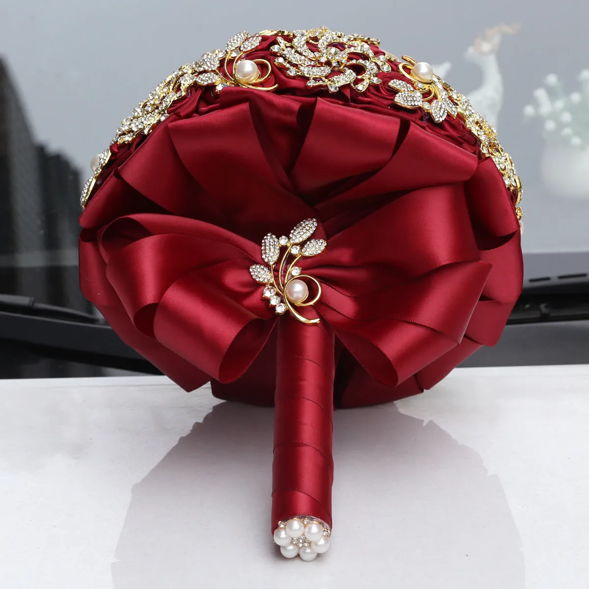 Gold diamond rhinestone bridal bouquet burgundy handmade foam ball ribbon pearl 18cm