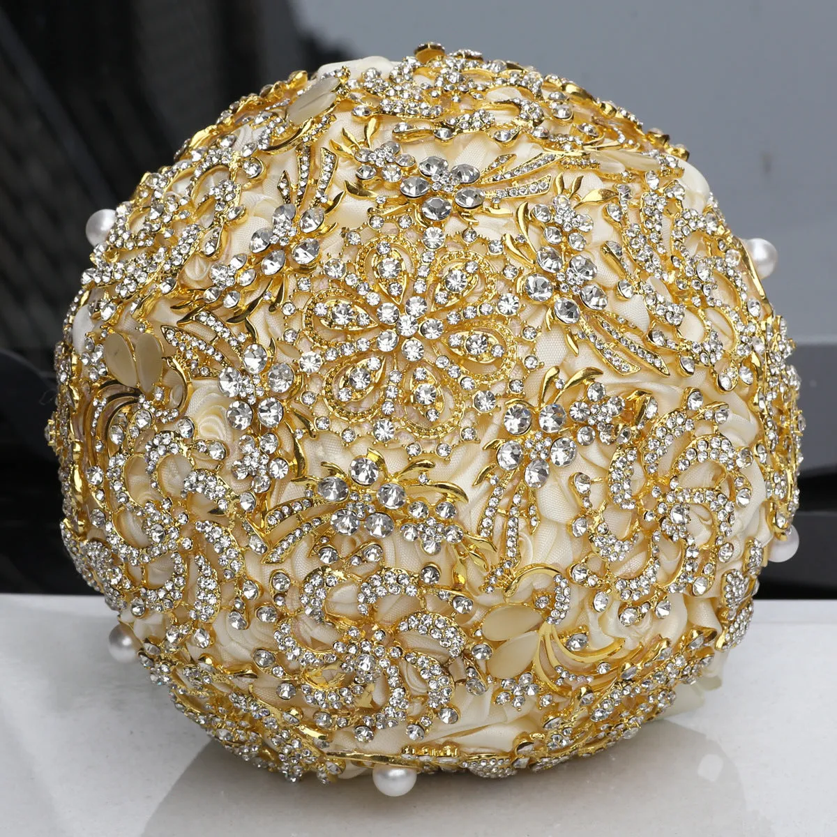 Gold diamond rhinestone bridal bouquet burgundy handmade foam ball ribbon pearl 18cm