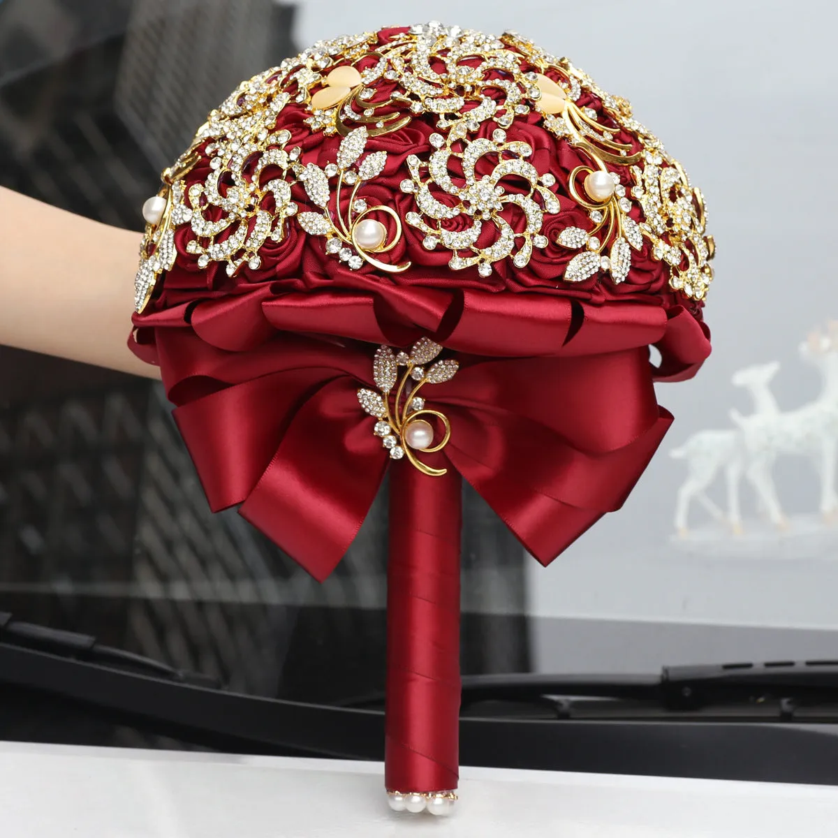 Gold diamond rhinestone bridal bouquet burgundy handmade foam ball ribbon pearl 18cm