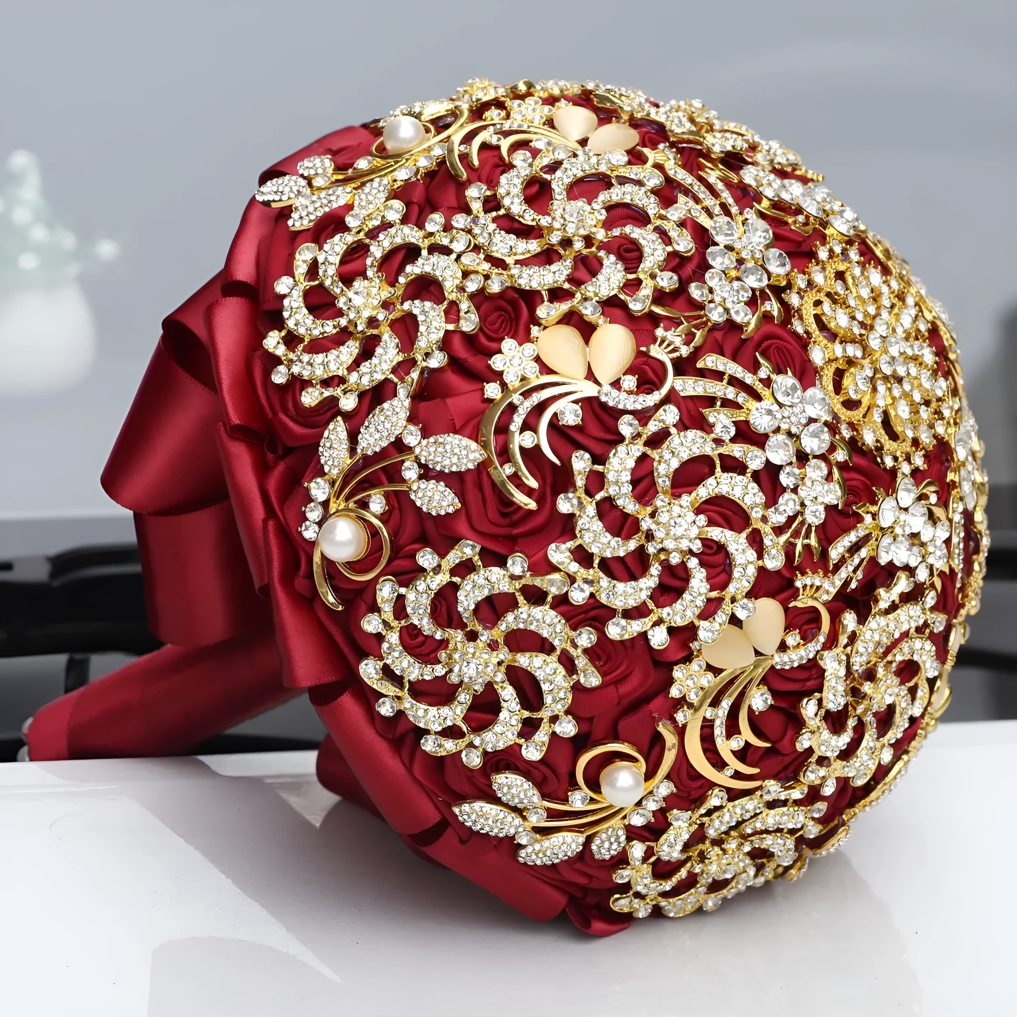 Gold diamond rhinestone bridal bouquet burgundy handmade foam ball ribbon pearl 18cm