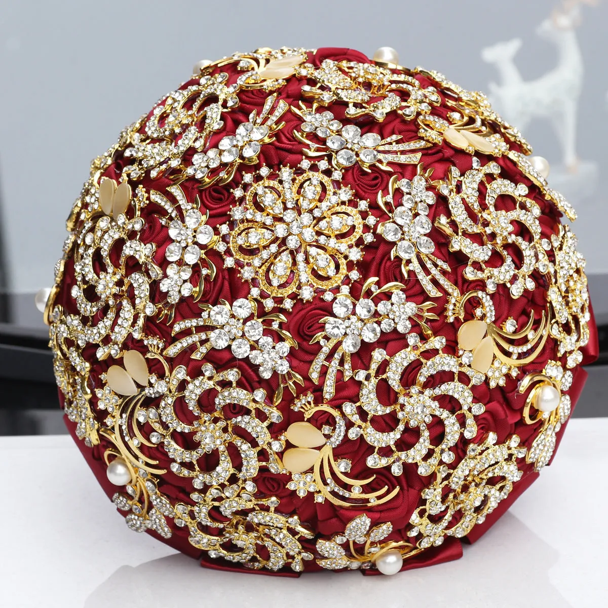 Gold diamond rhinestone bridal bouquet burgundy handmade foam ball ribbon pearl 18cm