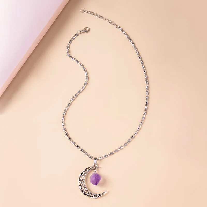 Vintage purple natural stone moon pendant necklace on Figaro chain, silver tone, women's jewellery
