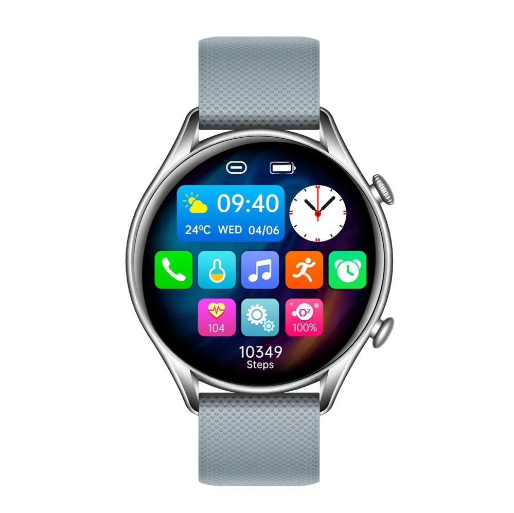 KT60 smart watch with 1.39-inch HD round IPS screen in black glue colour on a wrist showing the display