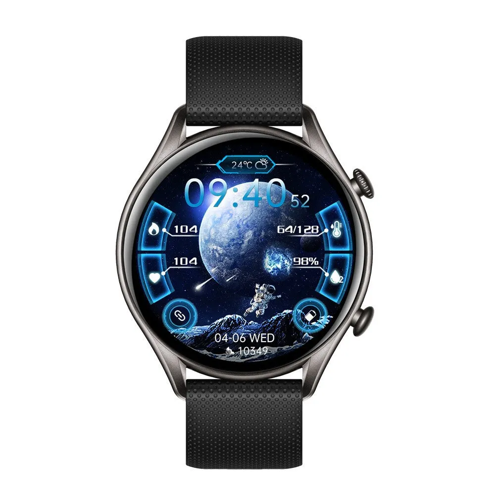 KT60 smart watch with 1.39-inch HD round IPS screen in black glue colour on a wrist showing the display
