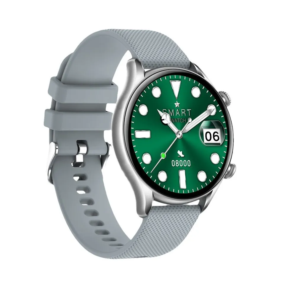 KT60 smart watch with 1.39-inch HD round IPS screen in black glue colour on a wrist showing the display