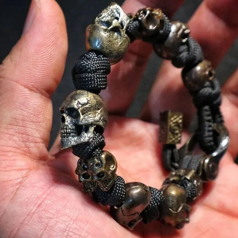 Hand woven skull paracord bracelet unisex retro style black rope