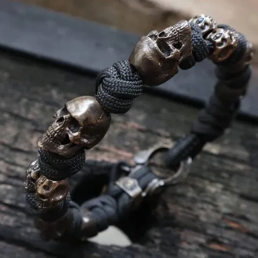 Hand woven skull paracord bracelet unisex retro style black rope