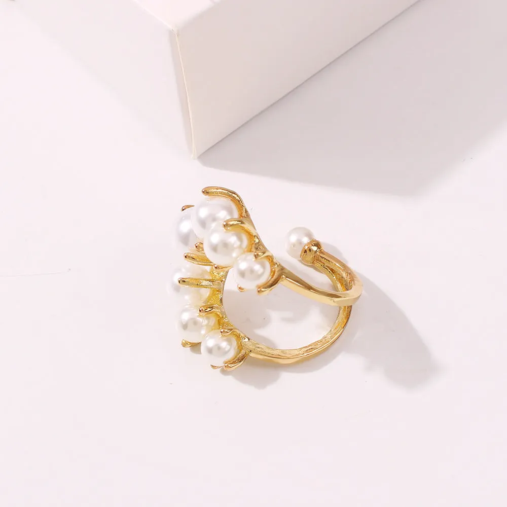 Fashion geometric pearl paved alloy ring in gold one size for women