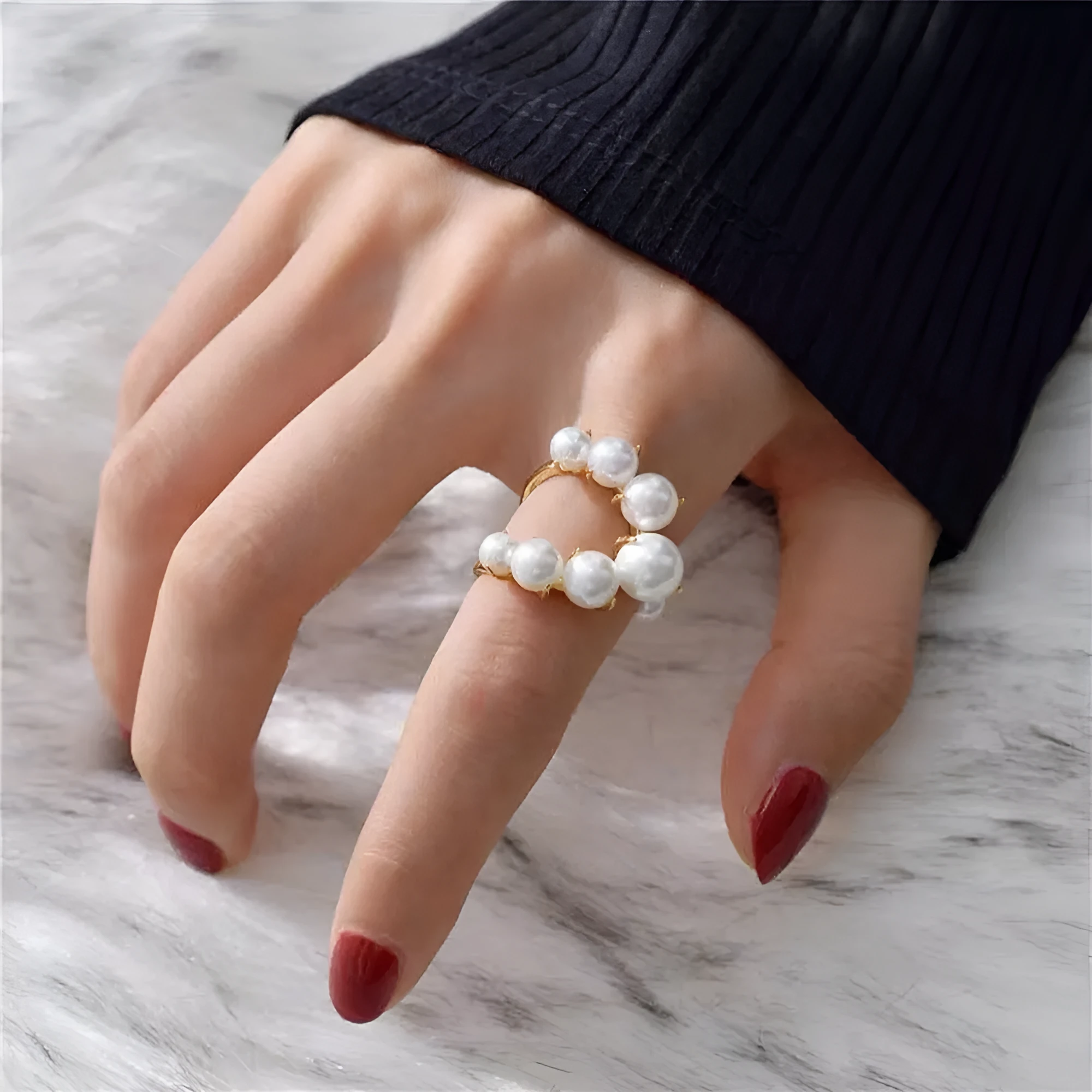 Fashion geometric pearl paved alloy ring in gold one size for women