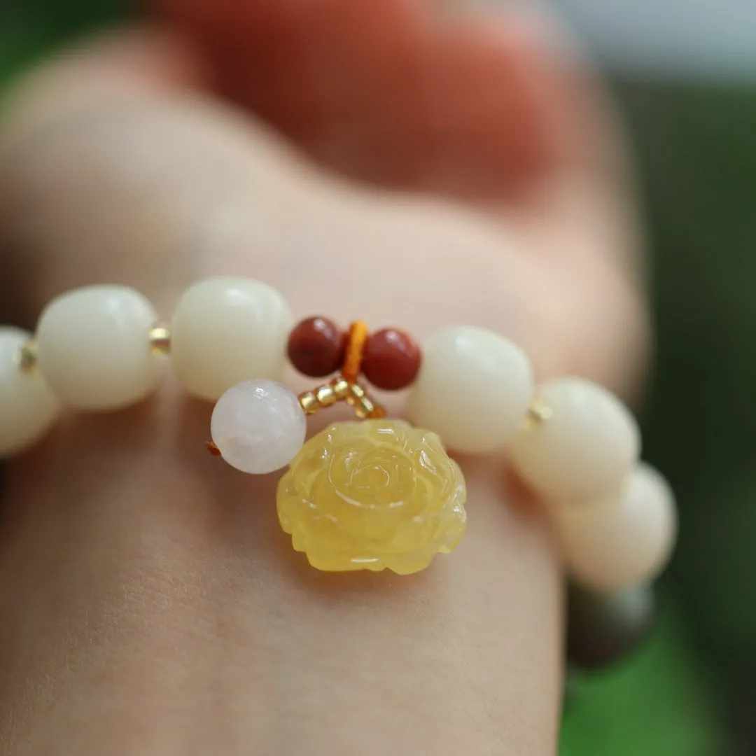 Natural Bodhi root bracelet with gradient white jade and beeswax floral beads
