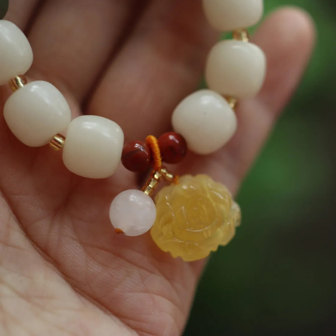 Natural Bodhi root bracelet with gradient white jade and beeswax floral beads
