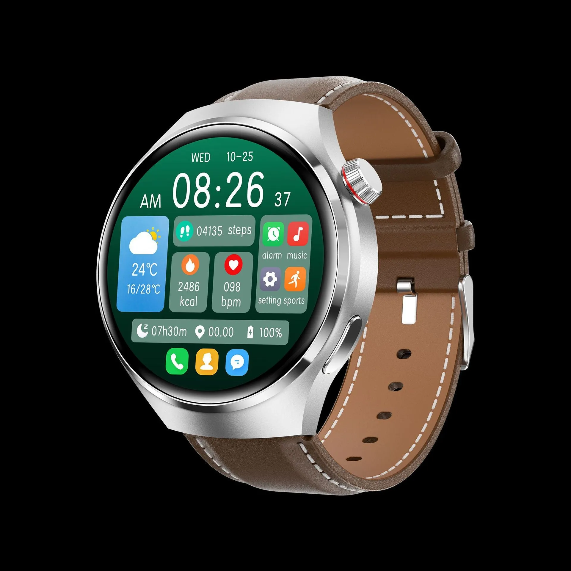 Smart watch with heart rate and blood oxygen monitoring, AMOLED screen, aluminium alloy case, black silicone strap