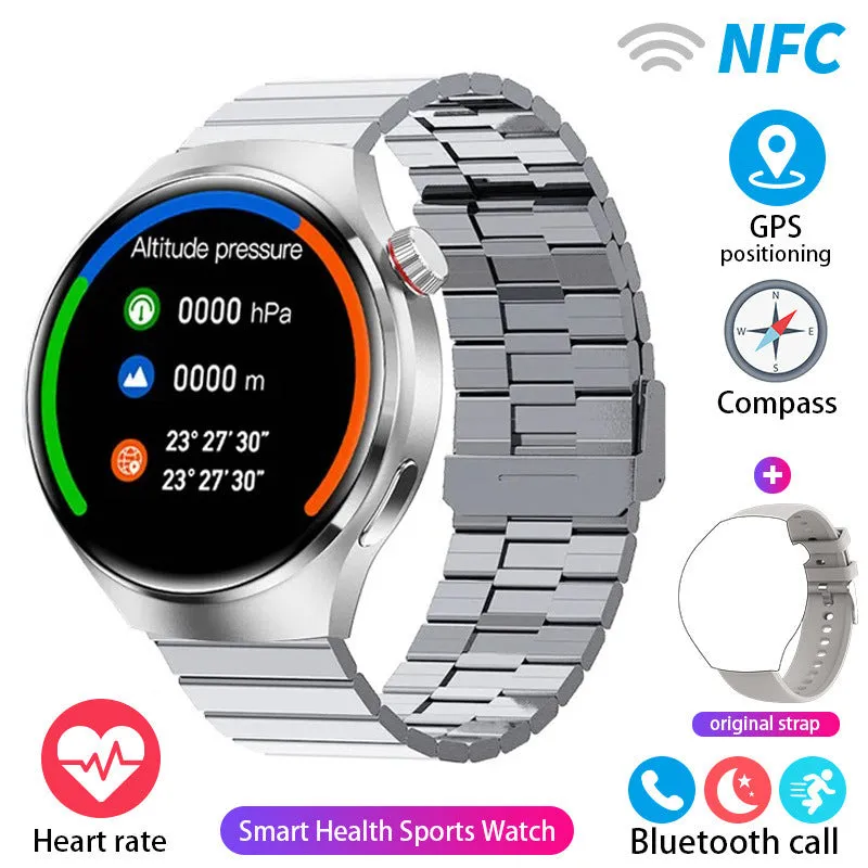 Smart watch with heart rate and blood oxygen monitoring, AMOLED screen, aluminium alloy case, black silicone strap