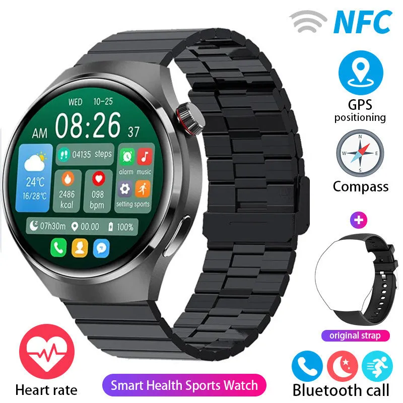 Smart watch with heart rate and blood oxygen monitoring, AMOLED screen, aluminium alloy case, black silicone strap
