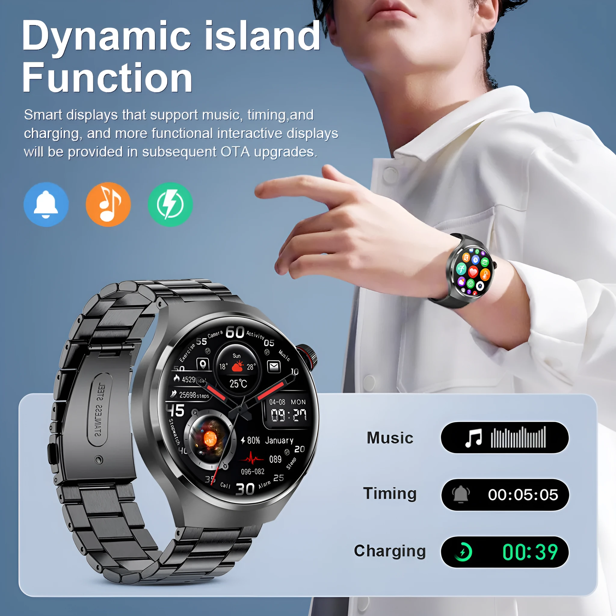Smart watch with heart rate and blood oxygen monitoring, AMOLED screen, aluminium alloy case, black silicone strap