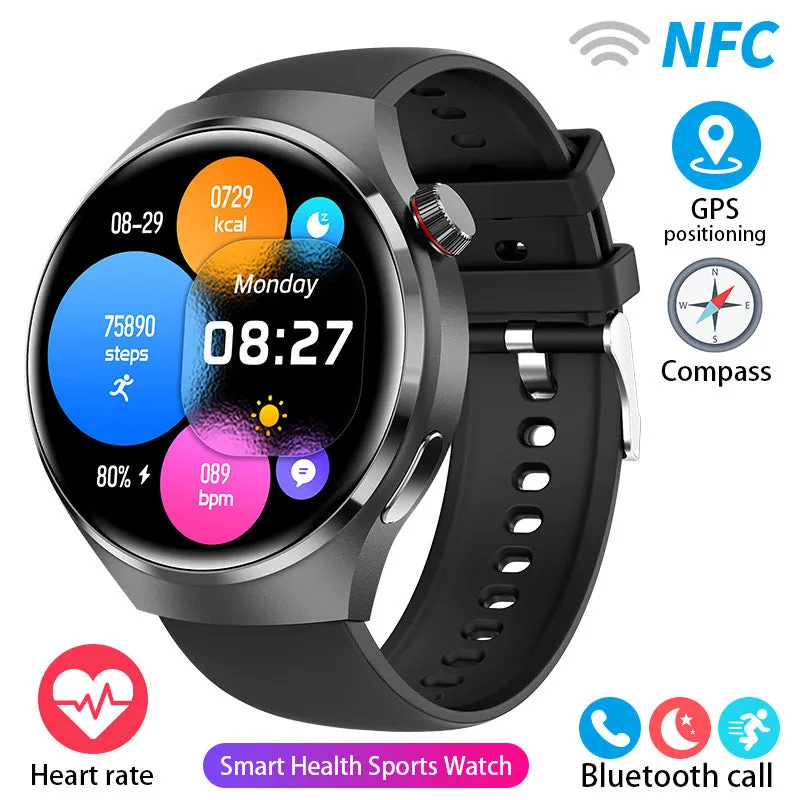 Smart watch with heart rate and blood oxygen monitoring, AMOLED screen, aluminium alloy case, black silicone strap